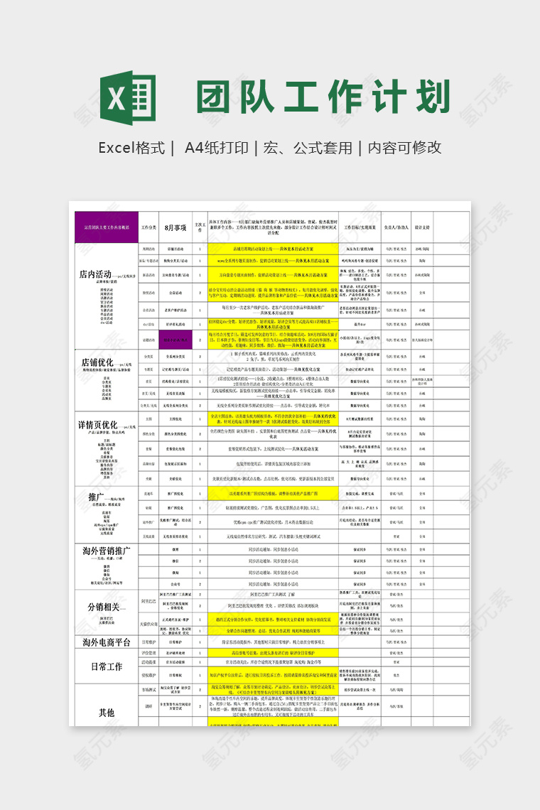 运营团队八月工作计划表excel模板