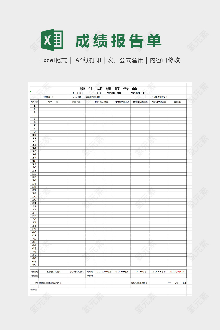 简单大气数据分析成绩报告单Excel