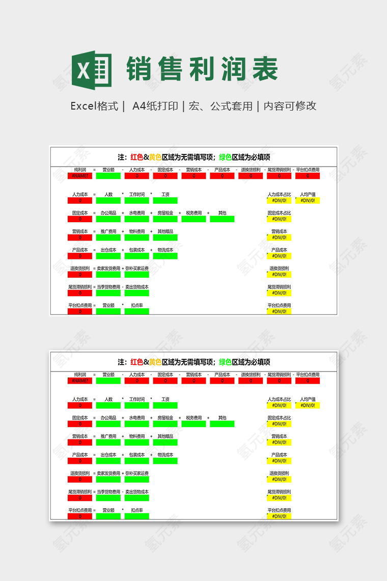 电商销售利润表带公式自动excel模板