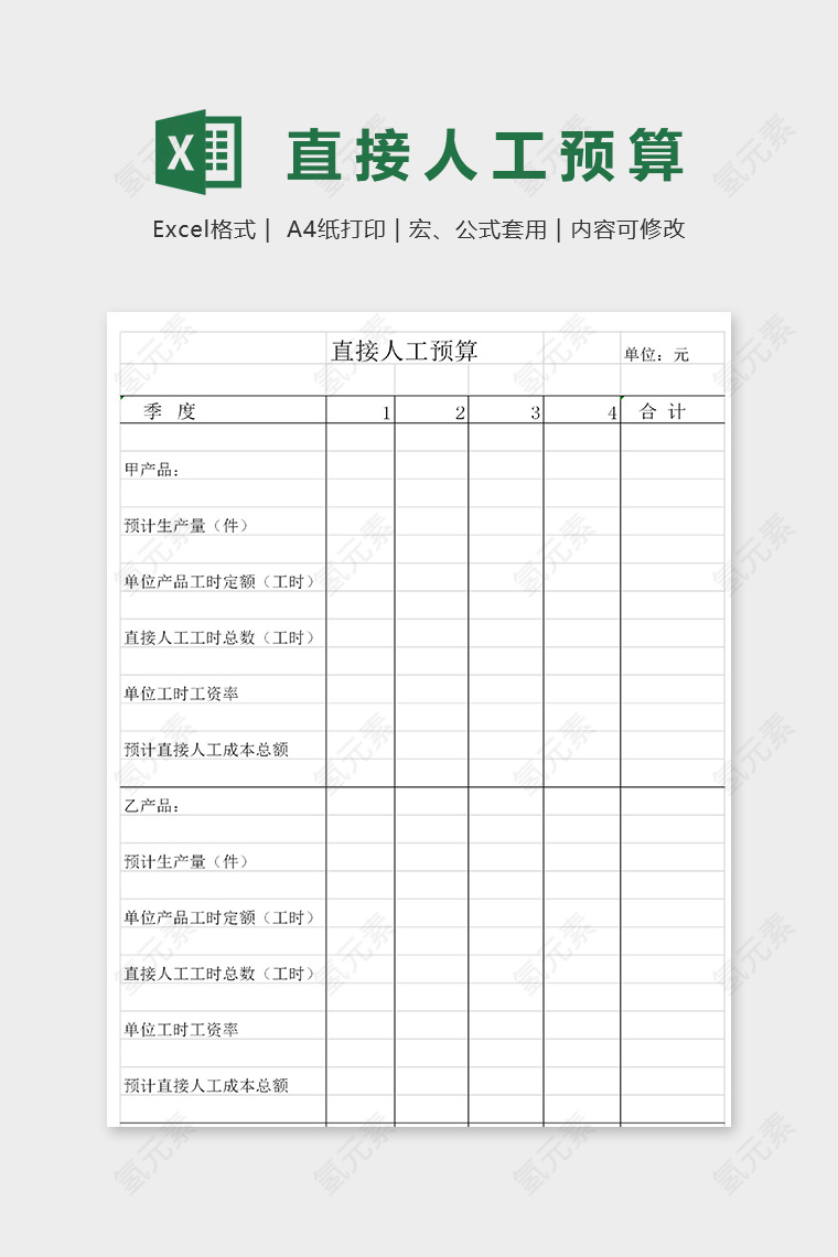 工厂单位直接人工预算表excel模板