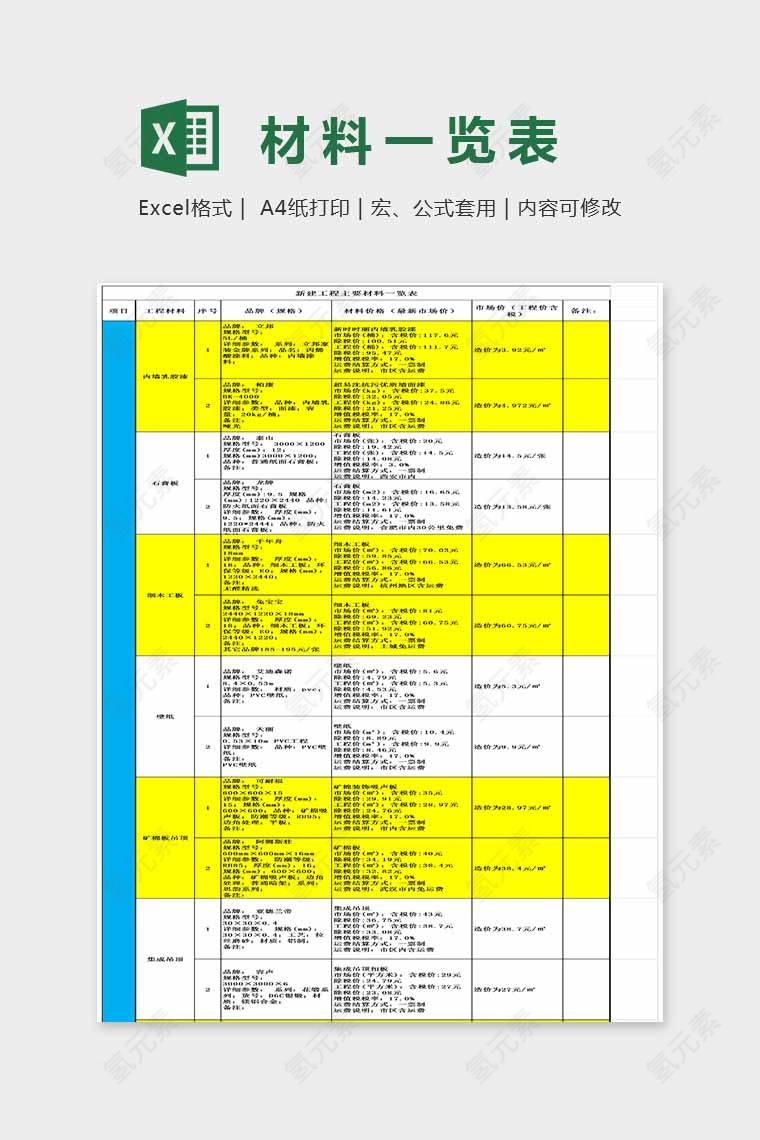 简单大方材料一览表Excel