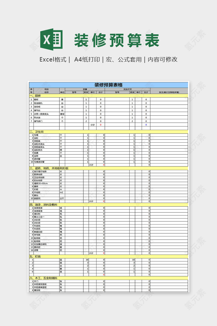 精美色彩装修预算表格Excel