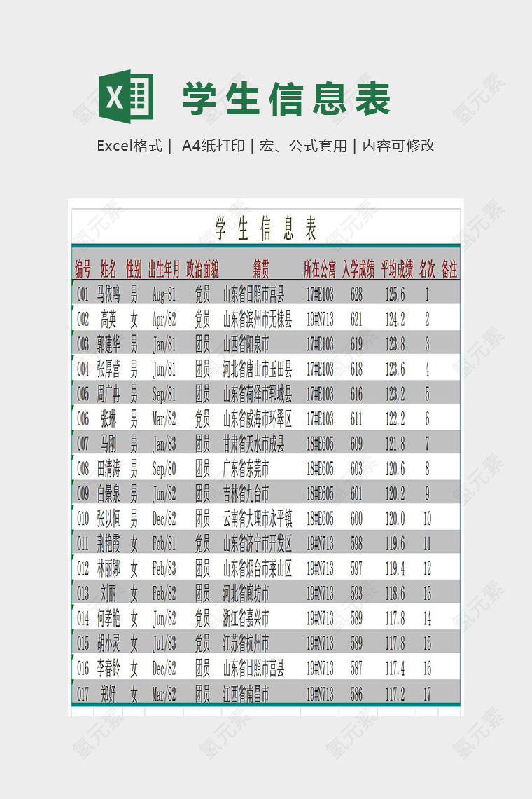 简单双色学生信息表Excel