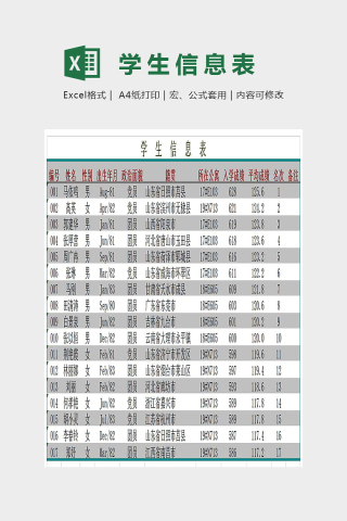 简单双色学生信息表Excel
