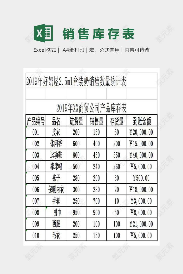 简约精美销售库存表Excel