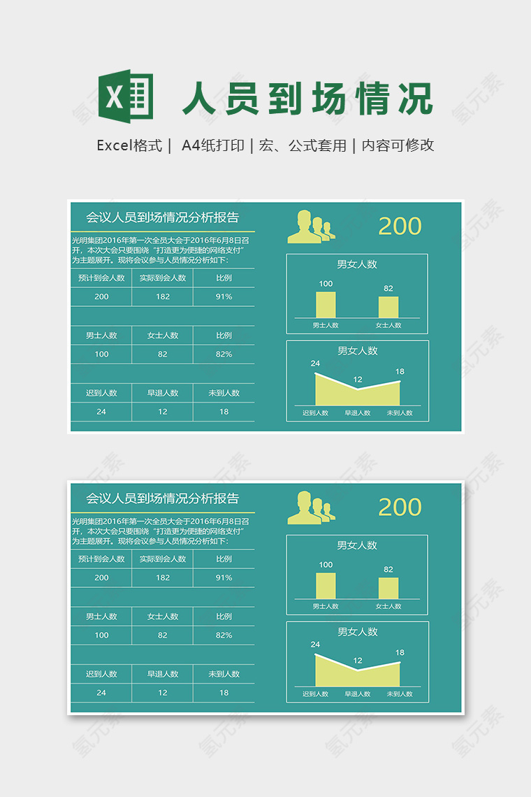 淡雅清新会议人员到场情况分析报告表excel模板