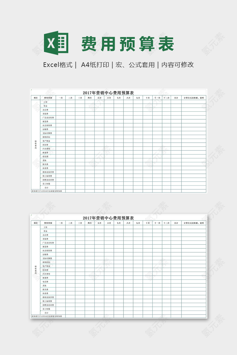 年度销售中心费用预算表excel模板