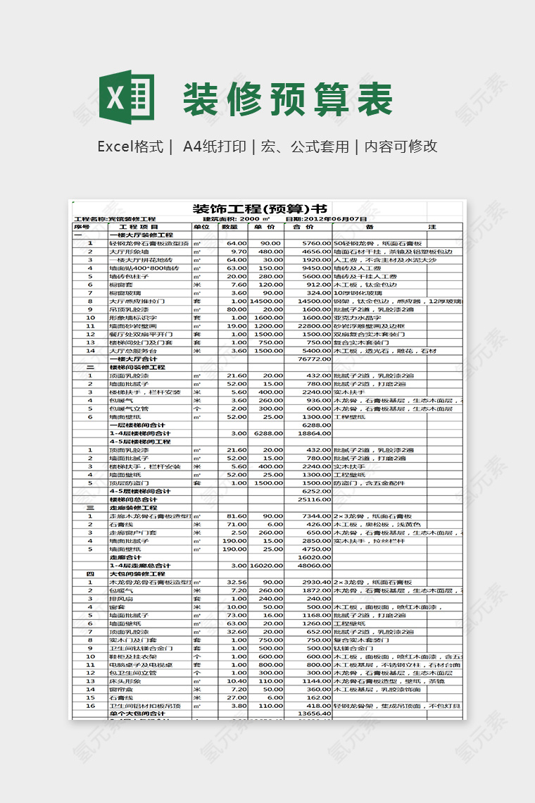 简单大方装修预算表Excel