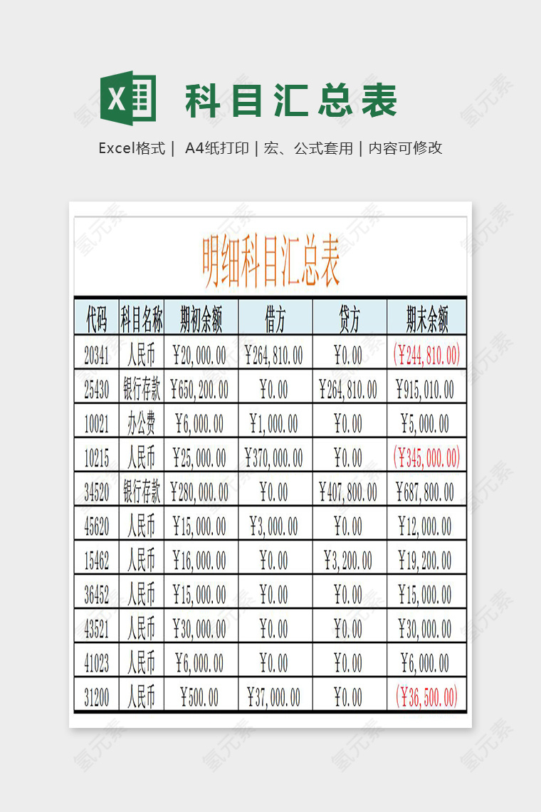 简约精美明细科目汇总表Excel