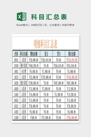 简约精美明细科目汇总表Excel