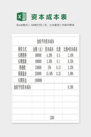 通用简单此本成本表Excel