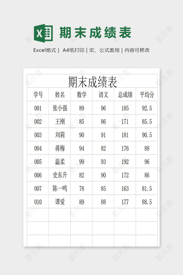 简约直观学校通用期末成绩表