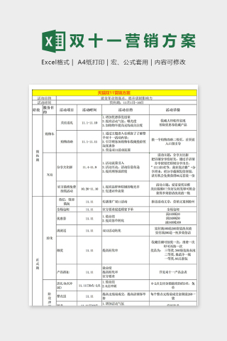 天猫店铺双十一营销方案excel模板