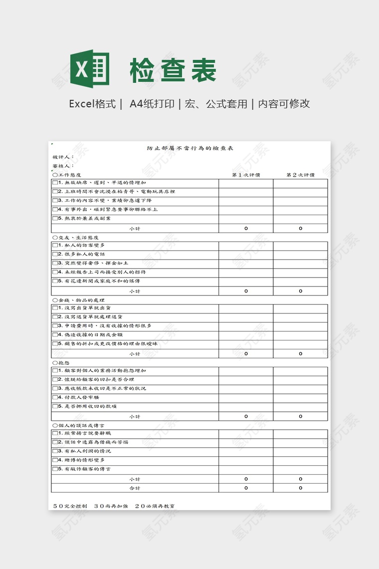 内部操守道德检查表Excel