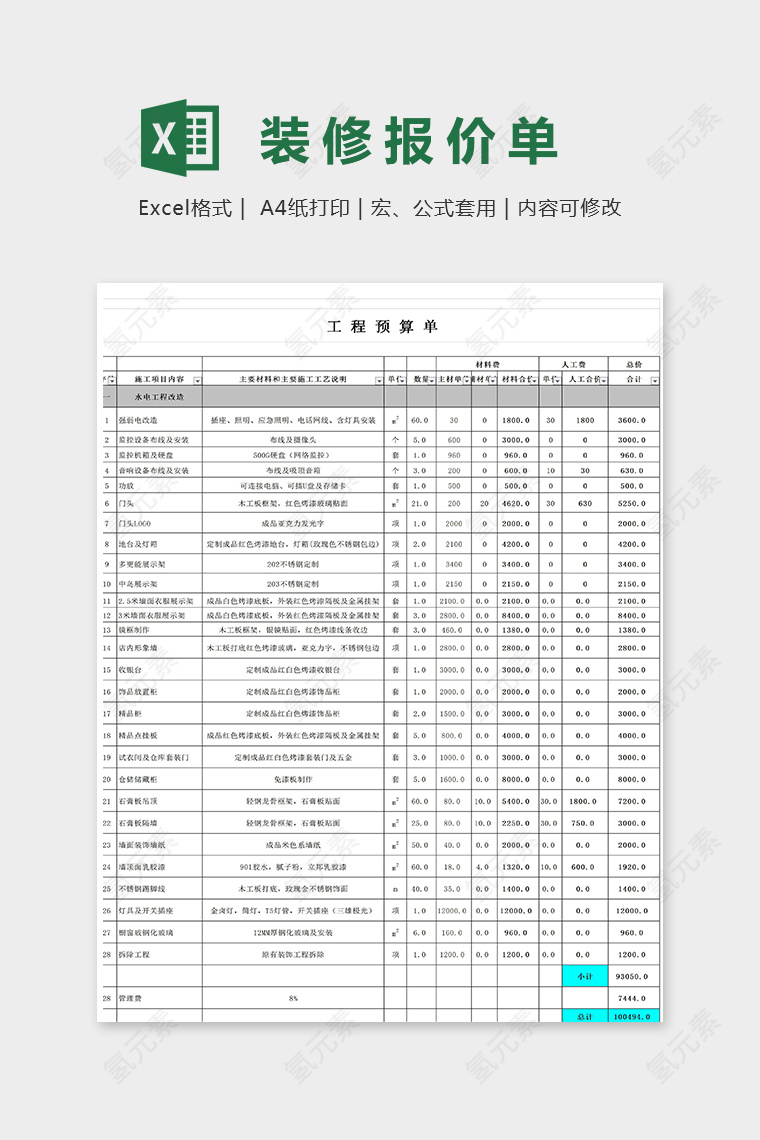 详细工程预算单