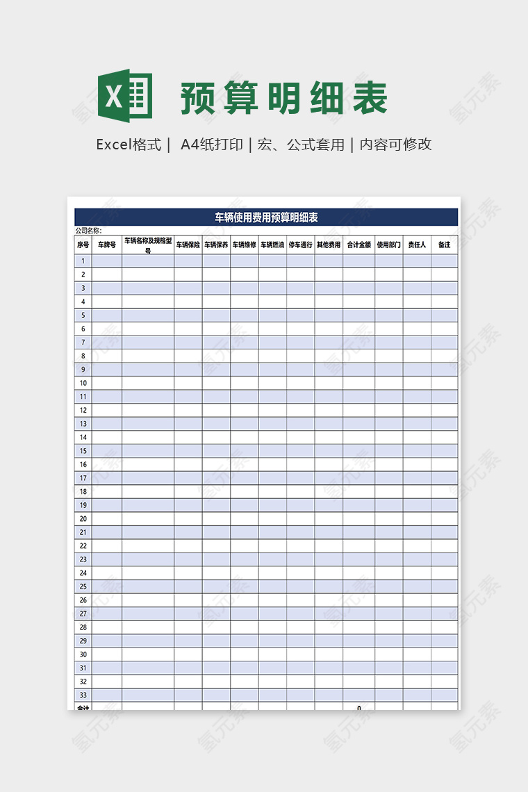 车辆费用预算明细空白表excel模板