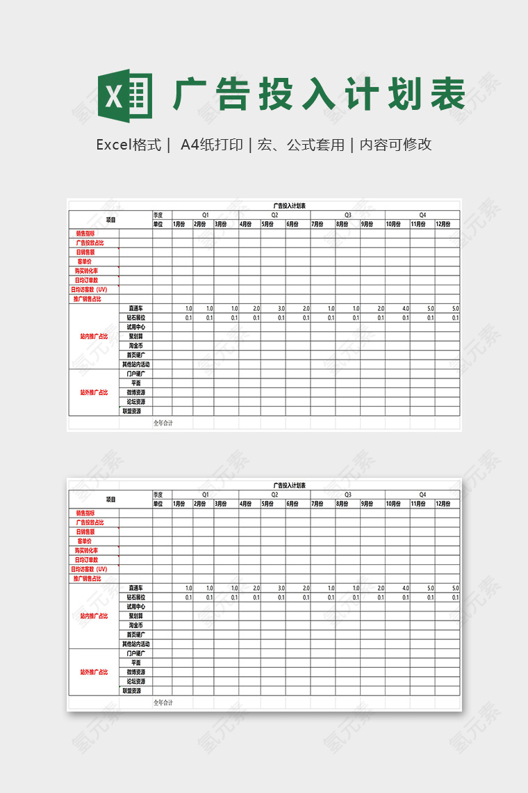 旗舰店年度广告投入计划表excel模板