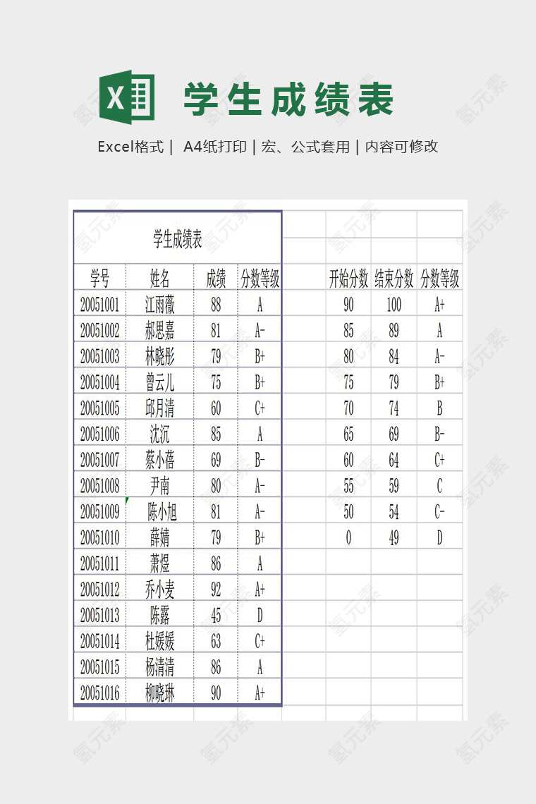 简单精美学生成绩表Excel