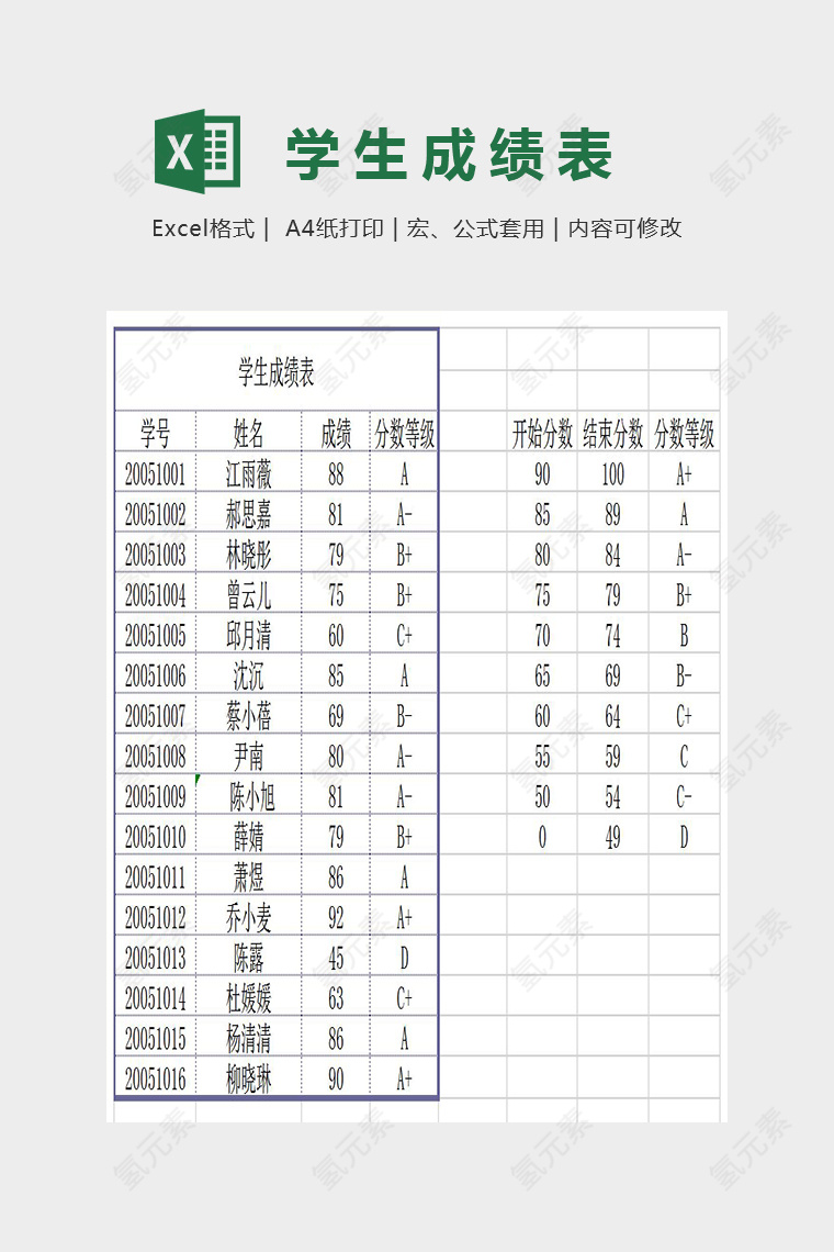 简单精美学生成绩表Excel