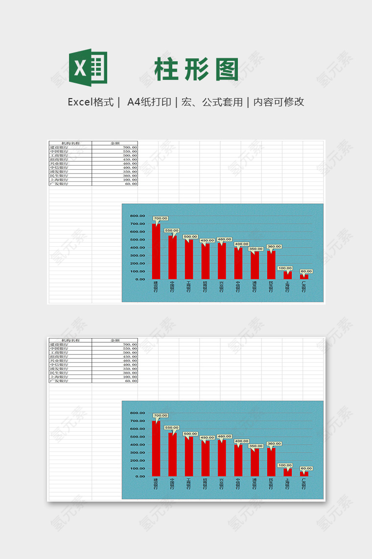 银行数据带标签底色创意柱形图表excel模板