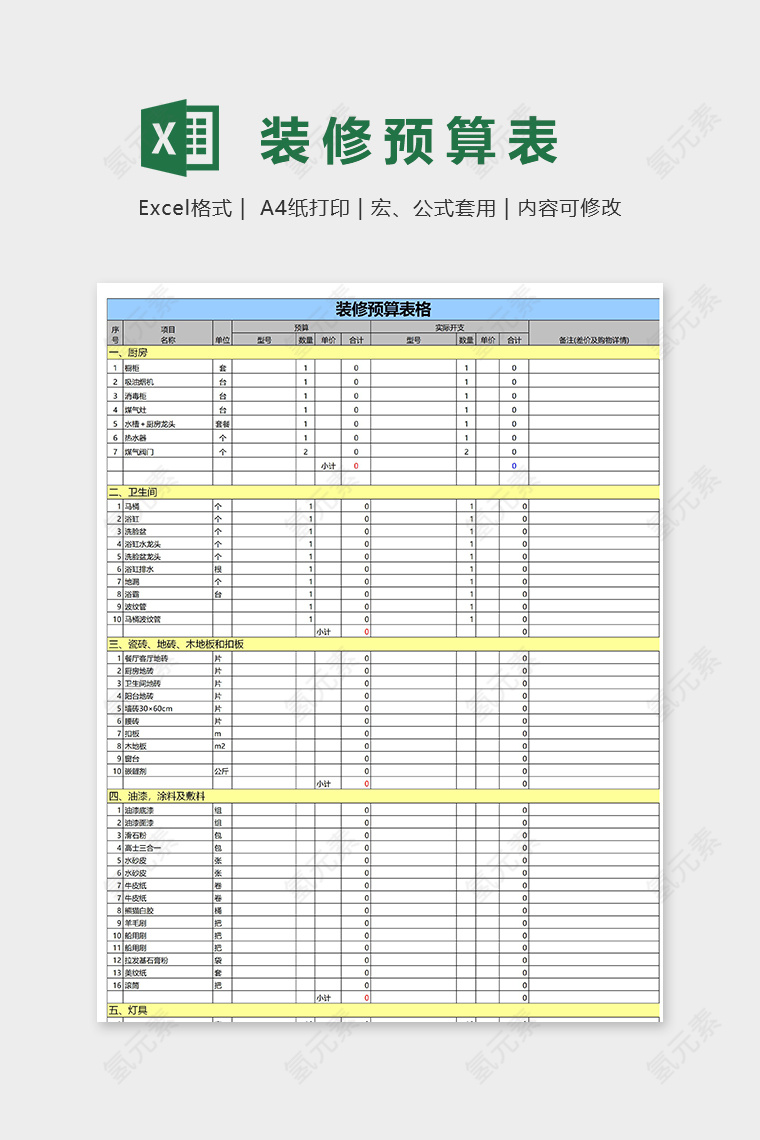 详细高端创意装修预算表格excel模板