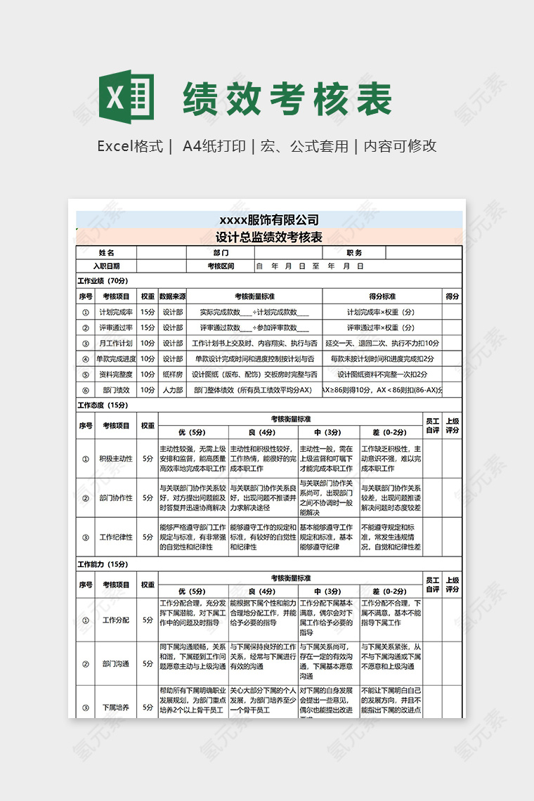 专业同用设计总监绩效考核表excel模板