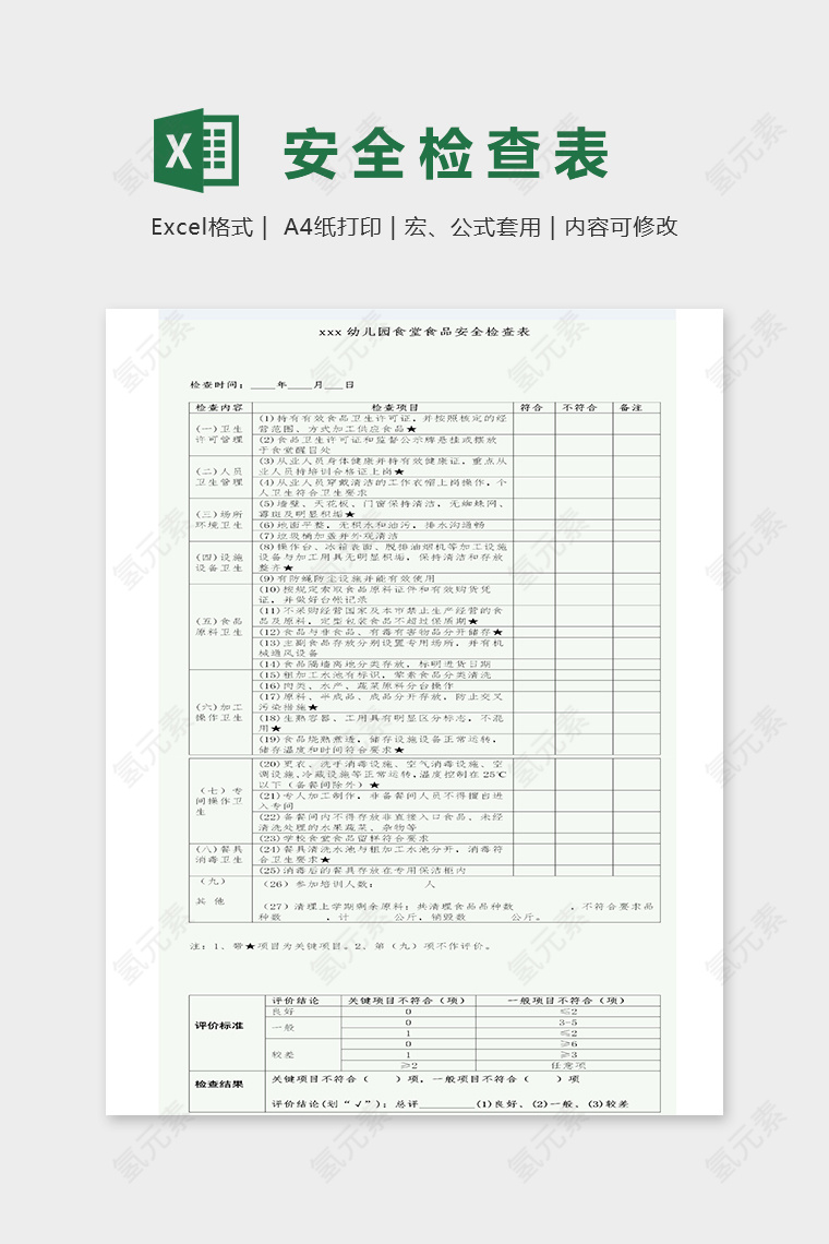 幼儿园食堂食品安全检查表excel模板