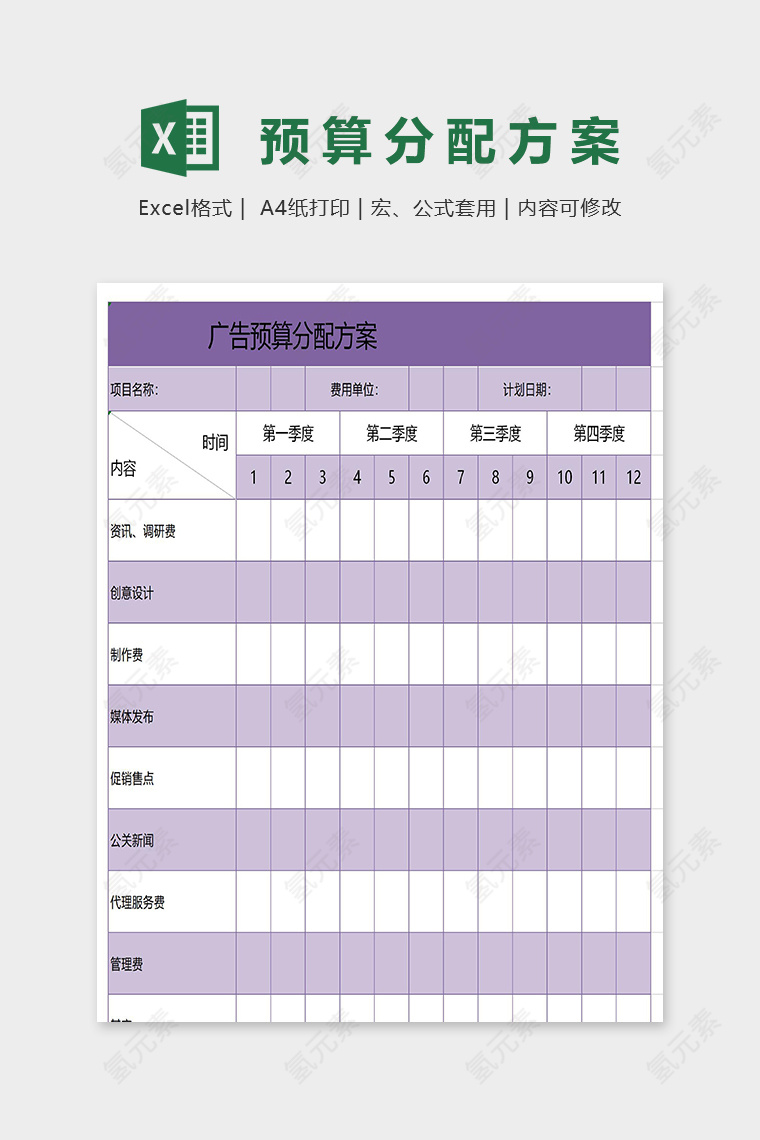 彩色版广告预算分配方案表excel模板