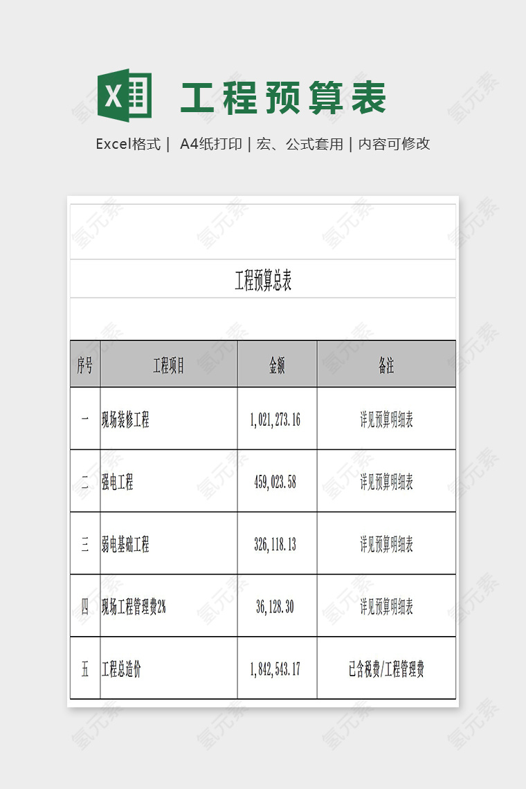 简单大方工程预算表Excel