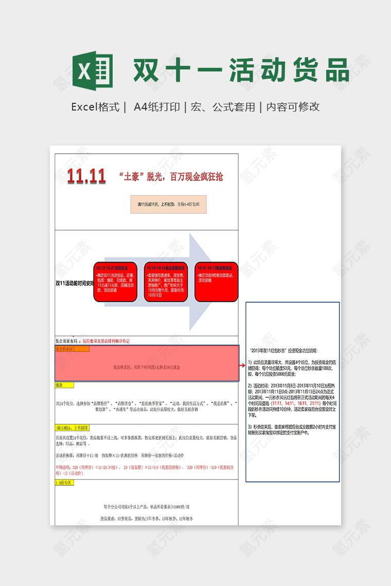 双十一网店商品活动策划方案excel模板