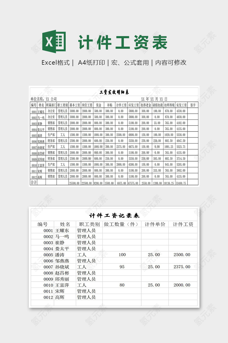 公司工厂计件工资计算表excel模板