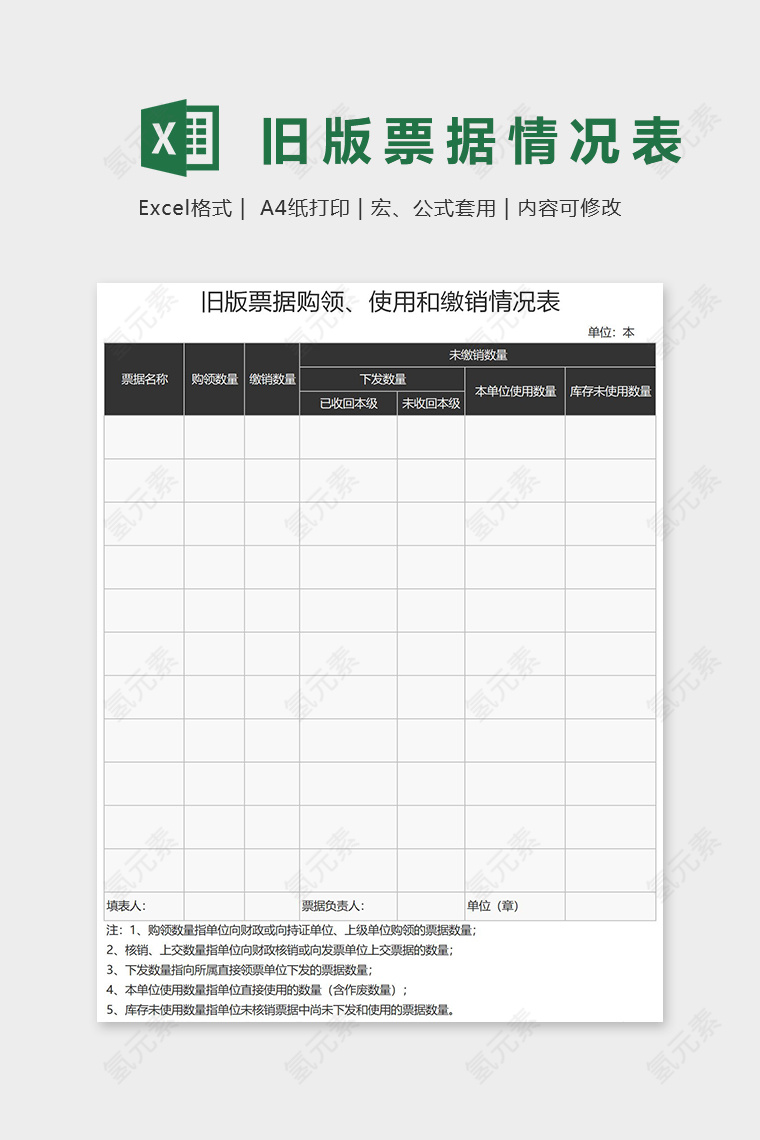 旧版票据购领、使用和缴销情况表表格模板