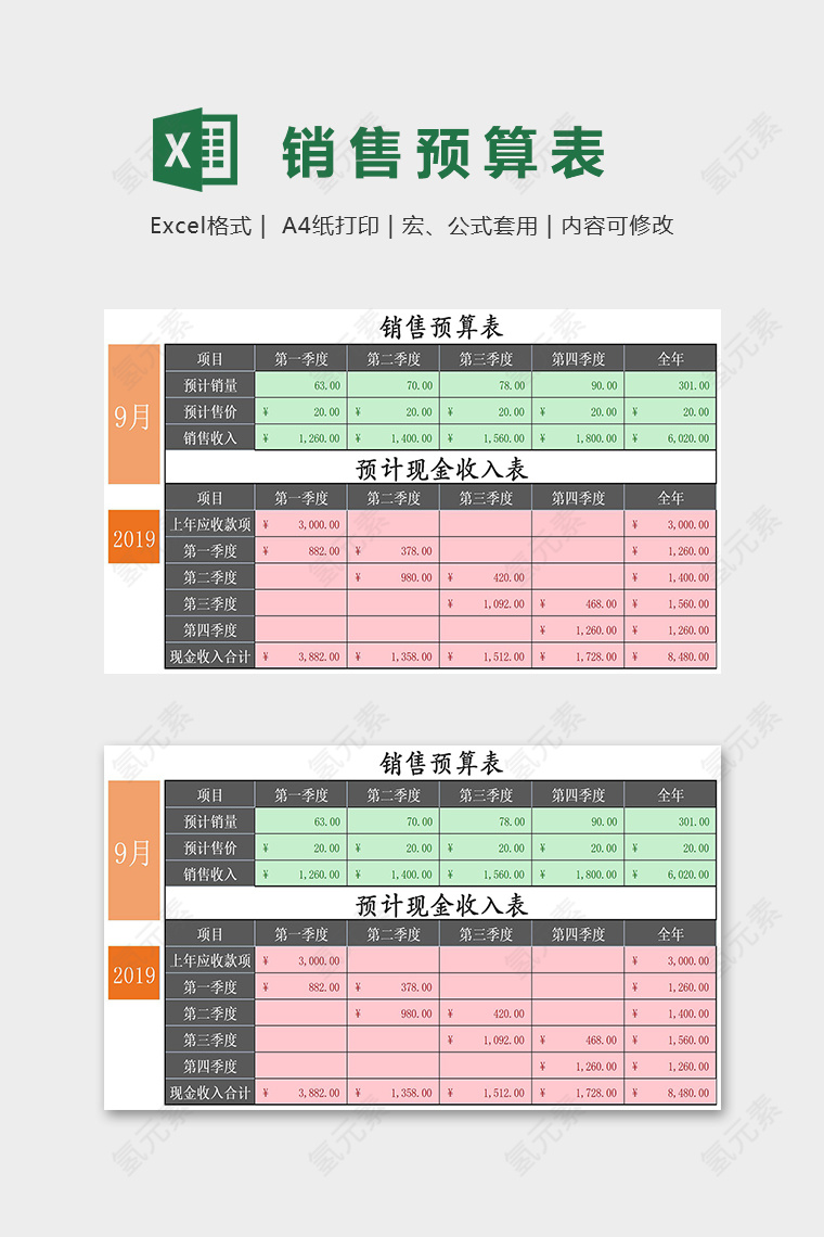 高端精美销售预算预计收入表excel模板