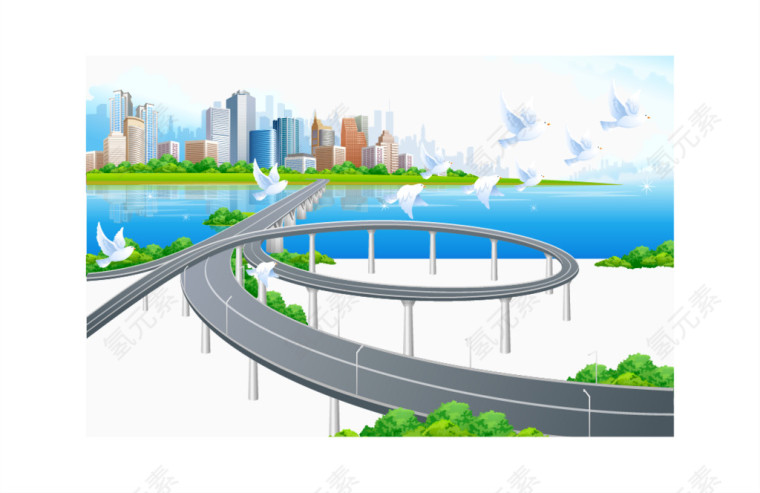 横跨河面的立交桥矢量插画