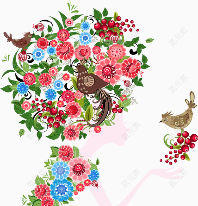 女性剪影花鸟装饰画