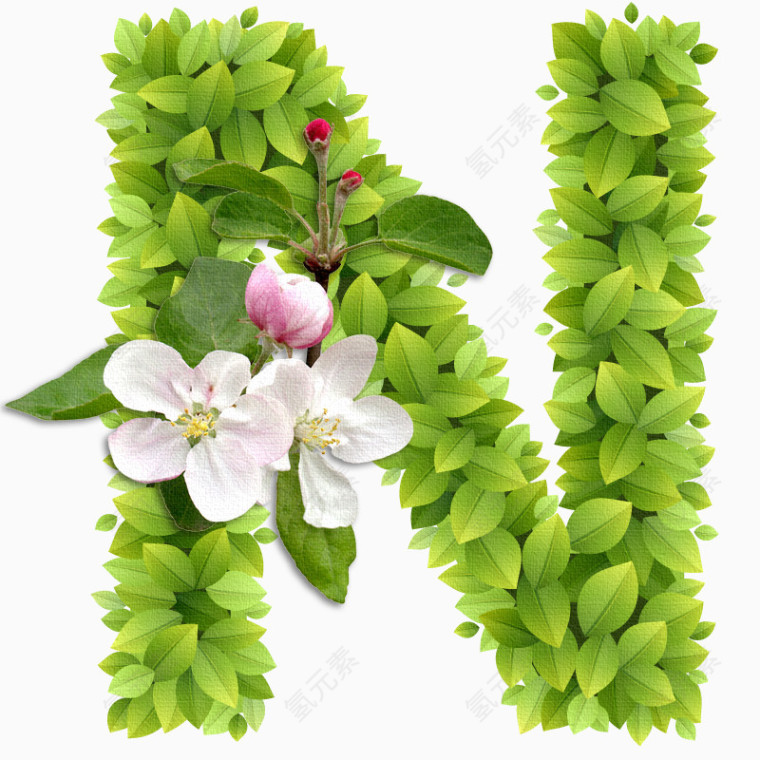 春意盎然的绿叶花卉字母N