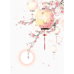 水彩手绘古风桃树灯笼