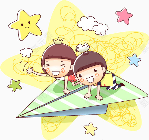 卡通小孩坐纸飞机
