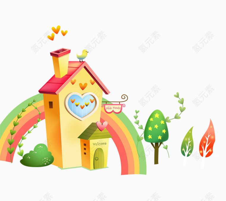 卡通手绘房屋彩虹绿树