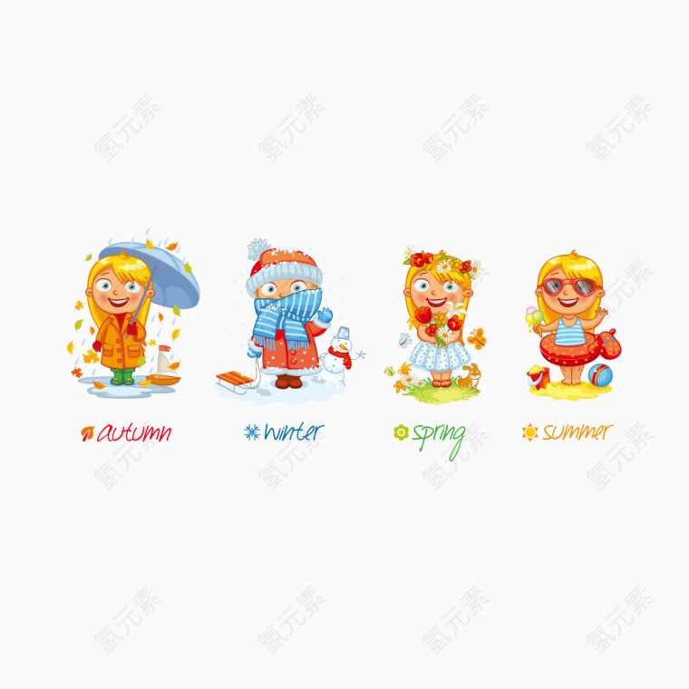 春夏秋冬的矢量小女孩