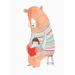 清新小熊女孩看书插画