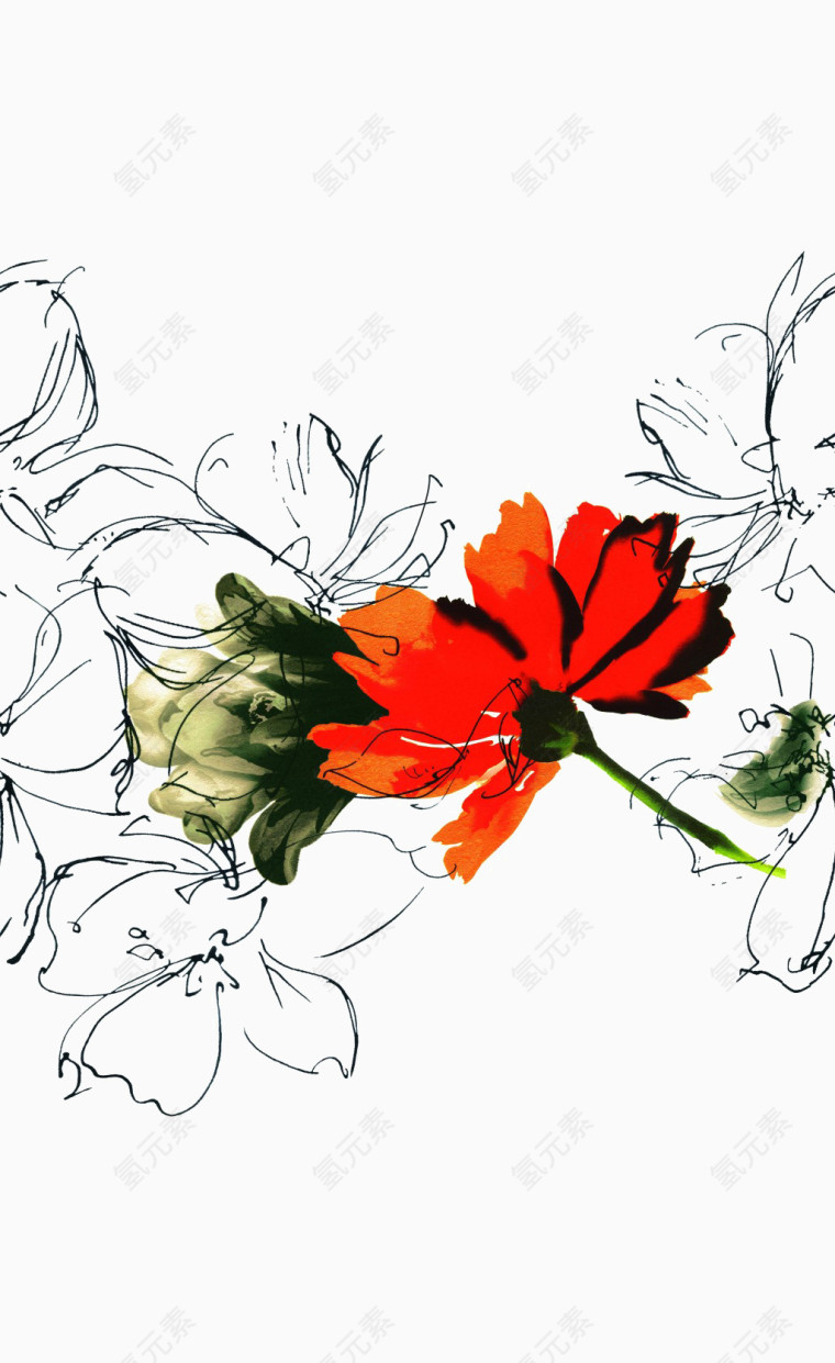 淡雅繁花线条免抠素材