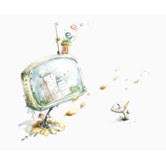 手绘清新电视机插画