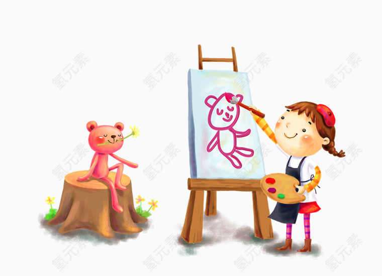 插画手绘女孩画画动物