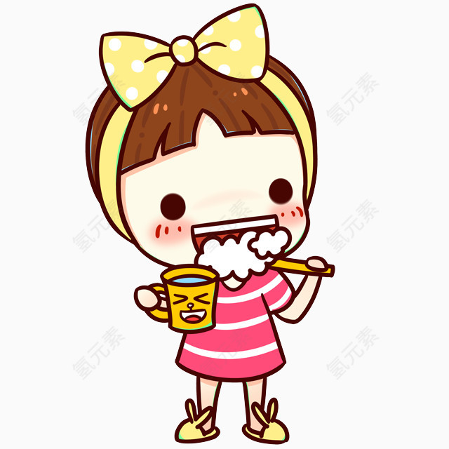 刷牙的小女孩卡通手绘