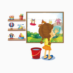 小女孩擦玻璃场景