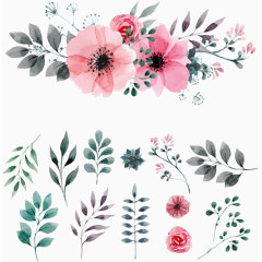 卡通手绘花卉植物粉色花绿色叶子