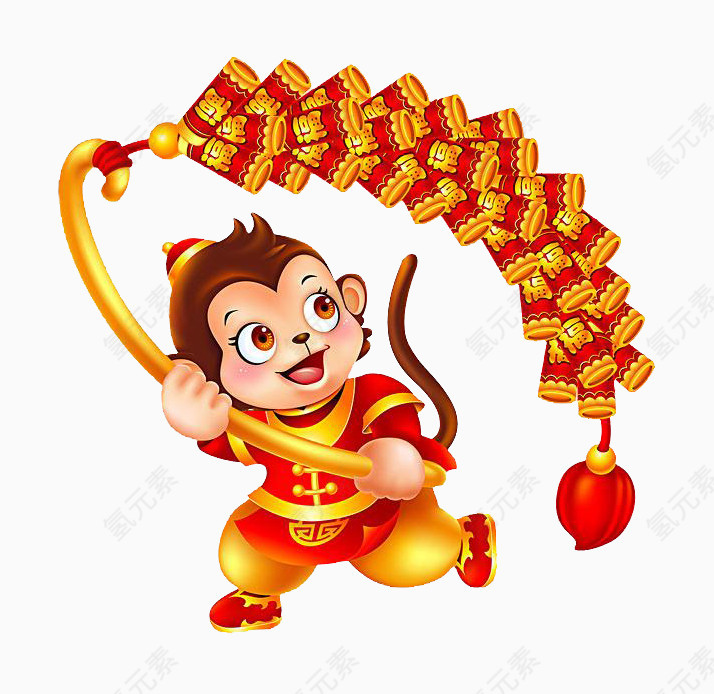 卡通手绘小猴子玩鞭炮