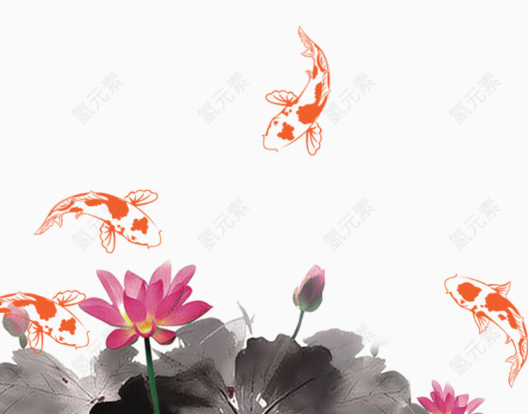 水墨荷花鱼