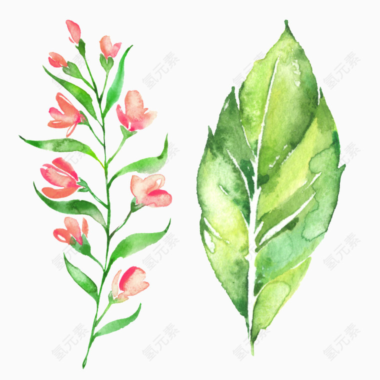 手绘水彩绿叶花卉装饰图案